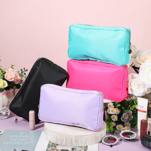 Hushee 4 Pcs Nylon Makeup Bag Christmas Gifts Preppy Zipper Pouch Nylon Toiletry Bag Waterproof Storage Bag for Women Girls Organizer (Black, Fuch...
