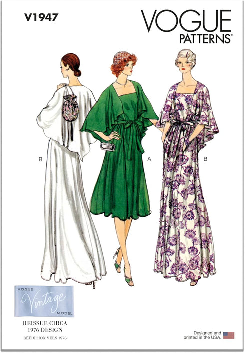 Vogue Misses’ Vintage 1970's Evening Dress Sewing Pattern Packet, Design Code V1947, Sizes 8-10-12-14-16...