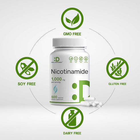 Vitamin B3 Nicotinamide 1,000mg Per Serving – 500 Capsules, Flush Free Niacin, Essential B3 – Supports Healthy Skin & Energy Production – Non-GMO...