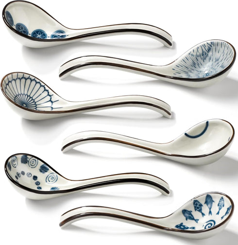 Ceramic Soup Spoons Set of 6 Asian Soup Spoon Ceramic Ramen Spoons, Long Handle Japanese Soup Spoon for Dumpling, Noodles, Miso, Chinese Wonton...