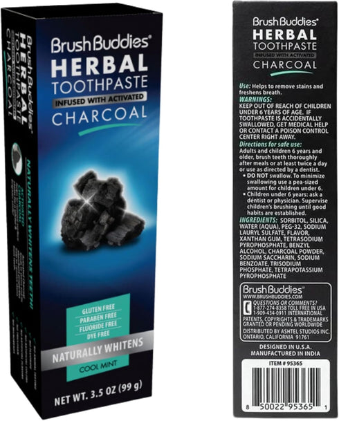 Brush Buddies Herbal Toothpaste with Activated Charcoal, 3.5 oz | Whitening Toothpaste | Charcoal Toothpaste | Fluoride Free Toothpaste (Pack of 3...