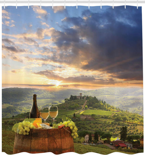 Ambesonne Winery Shower Curtain, Vineyard in Chianti Tuscany Italy Autumn Sunrise Dramatic Clouds, Cloth Fabric Bathroom Decor Set with Hooks, 69"...
