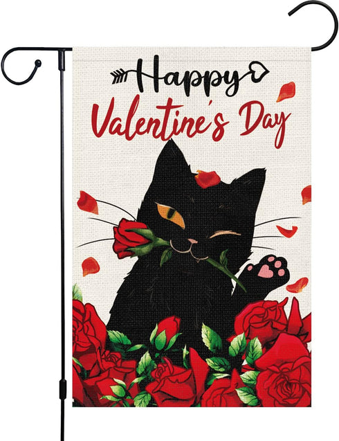 Happy Valentine's Day Garden Flag with Black Cat and Rose Floral Pattern Burlap Double Sided Yard Flag 12 x 18 Inch Garden Decoration for Valentin...
