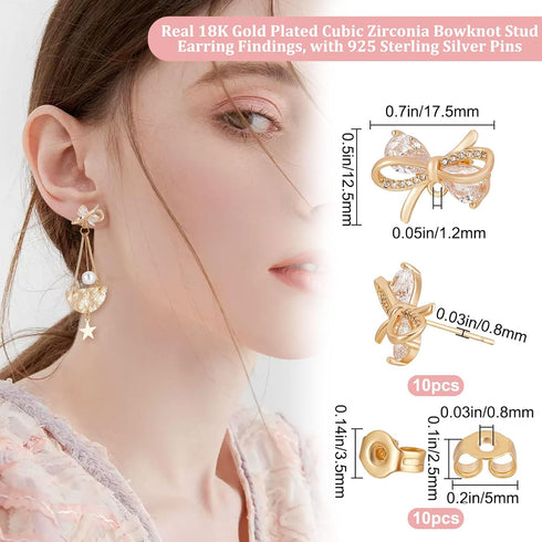 Beebeecraft 1 Box 10Pcs Bowknot Stud Earring Findings 18K Gold Plated Clear Cubic Zirconia Earring Posts with Loop and Butterfly Earring Backs for...