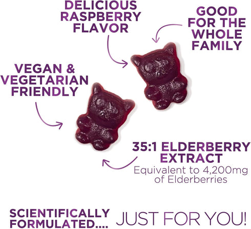 Sambucus Elderberry Gummies for Adults, Teens & Kids - Super Concentrated 35:1 Extract, Equivalent to 4200mg of Elderberries - Daily Immune Suppor...