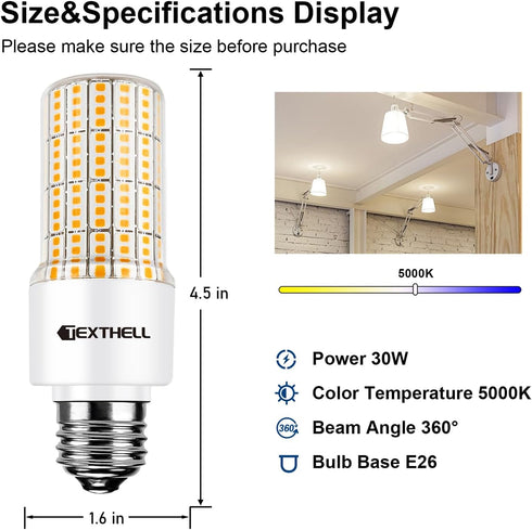 30W LED Corn Light Bulb 250W Equivalent 3000K Warm White E26 LED Light Bulb, 3750LM Non-dimmable Flicker Free Ceiling Fan LED Corn Bulb for Indoor...