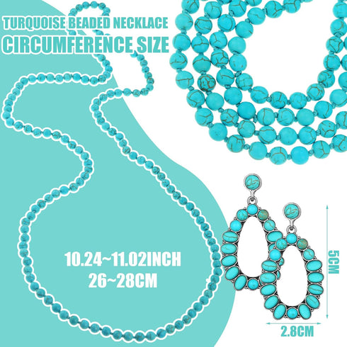 Bonuci Women Necklace Set Long Turquoise Beads Endless Vintage Jewelry Simulated Collar Western Necklace Cute Turquoise Jewelry Earring Accessorie...