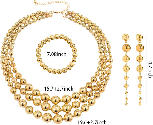 4-5PCS Gold Silver Beaded Necklace Exaggerated Long Dangle Earrings Bracelet Rings Jewelry Set for Women,Chunky Teardrop Ball Stackable Choker Nec...
