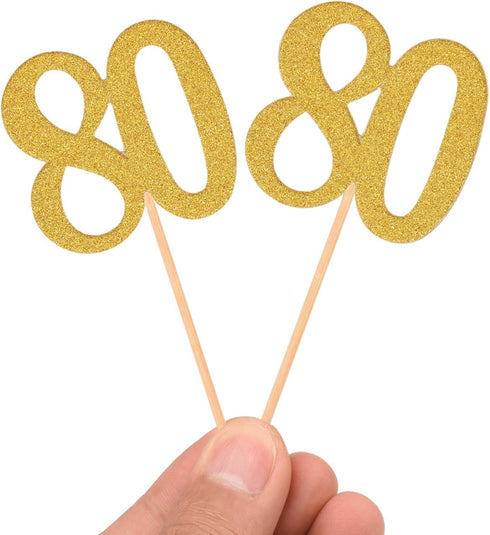 Donoter 50pcs 80th Cupcake Toppers Gold Glitter Number 80 Cake Picks for Birthday Anniversary Party Decoration...