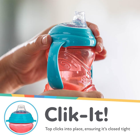 Nuby Clik-It Grip N' Sip Soft Spout No-Spill Training Sippy Cup with Handles - (3-Pack) 10 oz - 4+ Months - Blue/Green/Red...