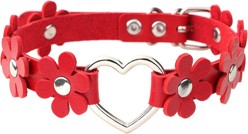 Gothic PU Leather Punk Choker Heart Ring Flower Necklace for Women...