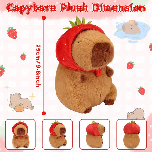 Emoin Capybara Plush Toy with Strawberry Hat 9.8Inch Kawaii Capybara Plushie Soft Brown Capybara Stuffed Animals Doll Pillow Strawberry Capybara H...