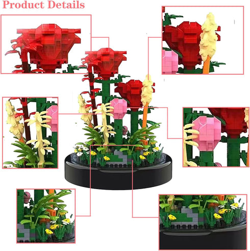 Flower Bouquet Building Set, 549PCS Red Rose Mini Flowers Building Blocks, Decorated Flower with Dust Cover and Lights, Mini Gift Kits for Adults,...