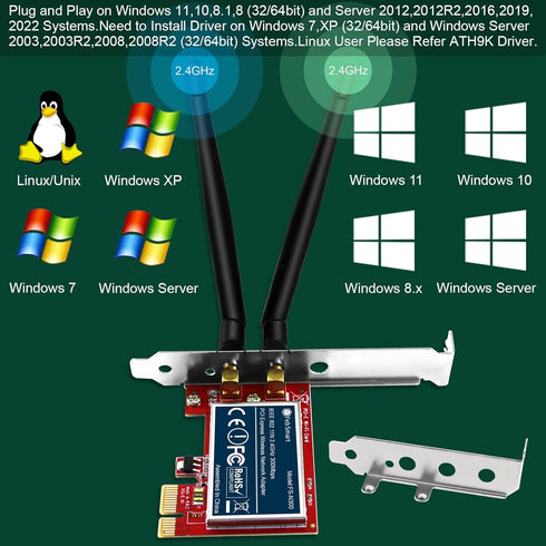 Wireless N 2.4GHz 300Mbps PCIE Wireless Network Adapter for Windows 11, 10, 8.1, 8, 7, XP (32/64bit), Windows Server and Linux PCs, PCIE WiFi Card...