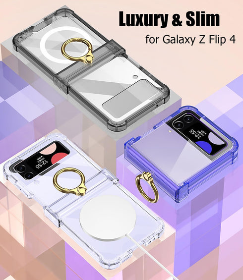 for Samsung Galaxy Z Flip 4 Clear Case with Ring Holder and Hinge Protection,Compatible with Wireless Charger,Slim Fit Transparent Hard PC Shockpr...