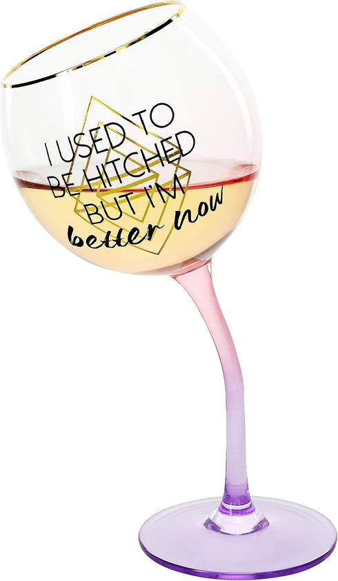 Pavilion Gift Company I Used To Be Hitched But I'm Better Now 11 Oz Red Ombre & Gold Unique Tipsy Stemmed Wine Glass, Pink...