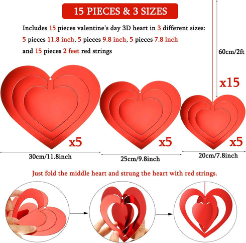 15 Pieces Valentine's Day 3D Heart Hanging Decorations Red Hearts Hanging Ornaments with Red Ribbons Party Supplies for Indoor Outdoor Bridal Show...