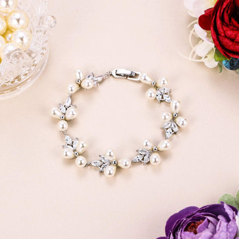 EVER FAITH Women's CZ Simulated Pearl Bridal Wedding Flower Leaf Filigree Stunning Tennis Bracelet...