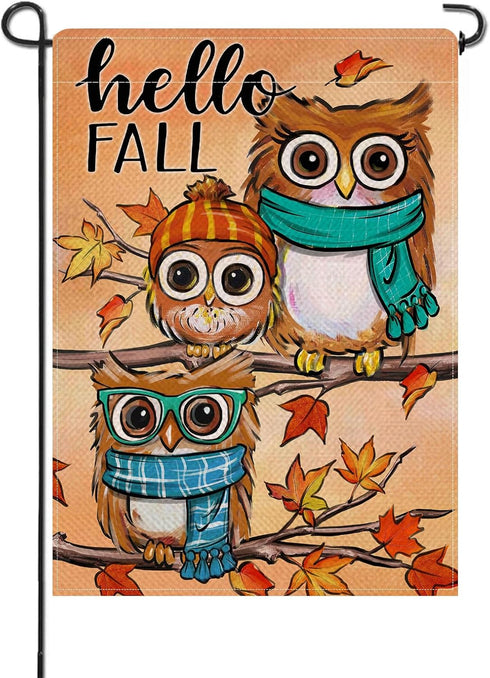 Hello Fall Owls Small Decorative Garden Flag, Autumn Maple Leaves Farmhouse Seasonal Yard Lawn Outside Decor, Thanksgiving Burlap Outdoor Home Dec...