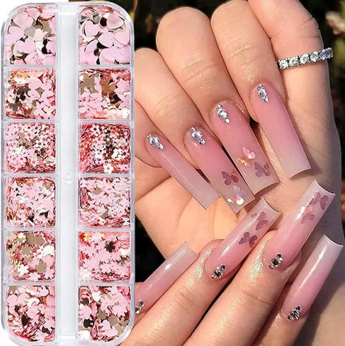 12Grids Valentine's Day Nail Glitter Sequins Holographic Gold Pink Heart Nail Art Glitter Flakes 3D Flower Rabbit Butterfly Charm Nail Sequins Gli...
