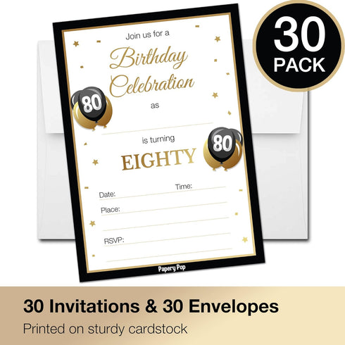 80th Birthday Invitations for Men or Women with Envelopes (30 Pack) - 80 Eighty Year Old Anniversary Party Celebration Invites Cards...