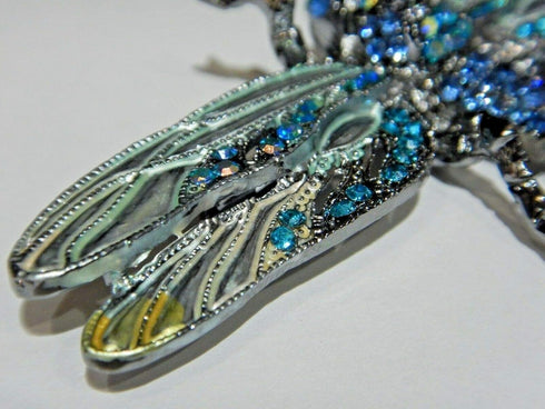 Large Rhinestone Dragonfly Convertible Brooch or Pendant Blue Enamel Insect pin...