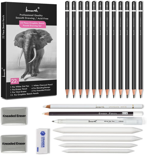Drawing Sketching Pencil Set - 22 Piece Graphite Pencils, White Gel Pen, White Charcoal Pencils, Eraser Pencils, Erasers, Blending Stumps for Draw...