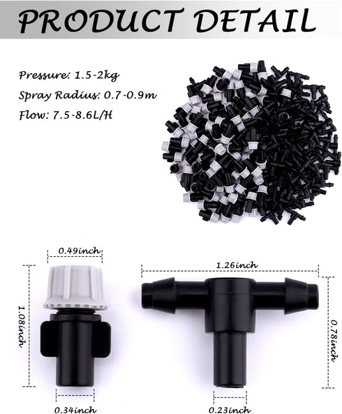 Kalolary 100 Pairs Misting Drippers Atomizing Sprinkler with Tee Joints for Misting Watering Plant Automatic Grip Irrigation Kits Lawn Garden Supp...