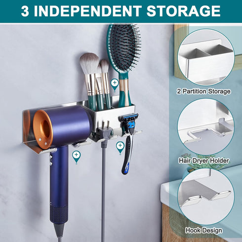 Hair Dryer Holder Wall Mounted, Blow Dryer Organizer, Hair Tool Organizer, Adhesive Blow Dryer Holder for Bathroom, Stainless Steel Hair Dryer Sta...