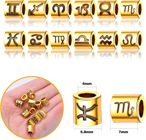 60pcs Antique Zodiac Spacer Beads Alloy 12 Constellations Tube Charm Beads with 4.7 mm Large Hole Horoscope Beads...