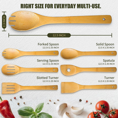 IOOLEEM Bamboo Wooden Spoons for Cooking 6 Pcs 12 Inch, Non-Stick Wooden Kitchen Utensils Set, Natural and Durable Wooden Spatula Spoons for Non-S...