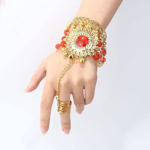 JOERICA Gold Plated Belly Dance Jewelry Set for Women Head Jewelry Triangle Bracelet Rings Statement Necklace Clip on Earrings Indian Bollywood St...