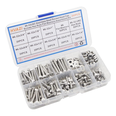 #6-32 UNC Stainless Steel Hex Socket Head Cap Screws Hex Nuts Flat Washers Assortment Kit...
