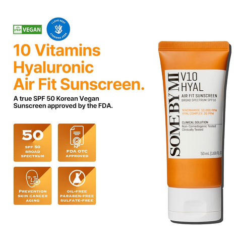 SOME BY MI V10 Hyal Air Fit Sunscreen - 1.69Oz, 50ml - Daily Niacinamide SPF 50 Korean Sunscreen for Face with UV Protection - No White Cast and E...