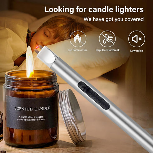 Electric Candle Lighter Long Pen Shape Windproof Pulse Arc Lighers USB Rechargeable for Candle Kitchen Fireplace Camping BBQ (Silver)...