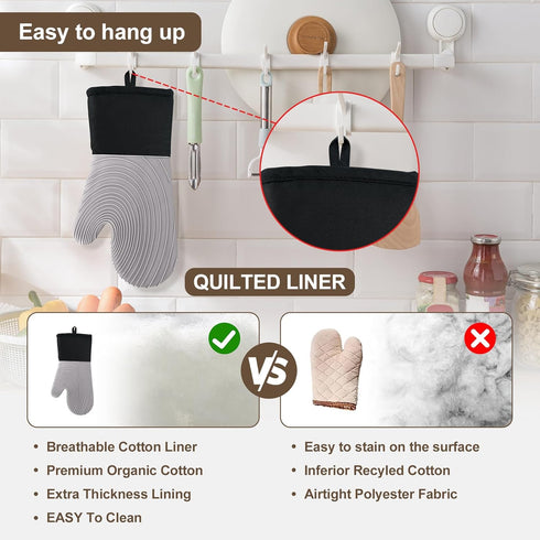 Silicone Oven Mitts - Oven Mitts Heat Resistant 500F 13.6 in Soft Lining Waterproof Grippy Design Flexible BPA-Free Oven Gloves - Oven Mits for Co...