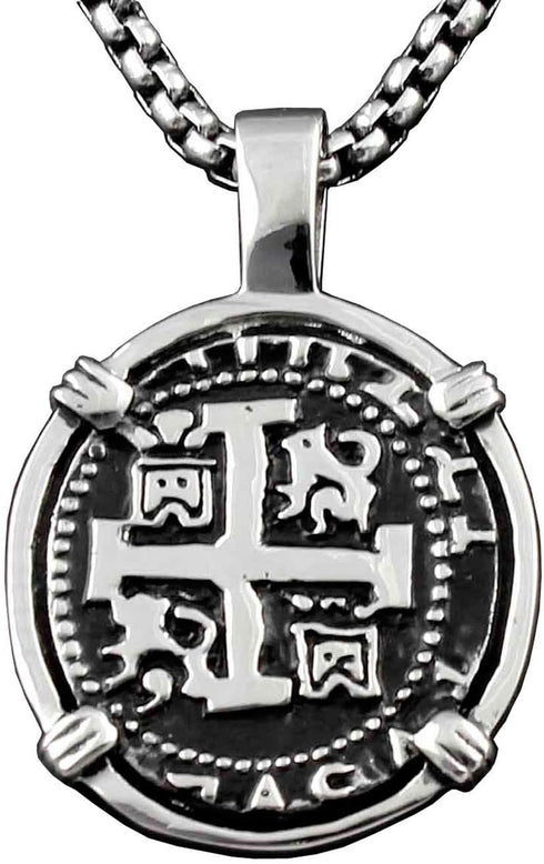 Piece of Eight Coin Pendant Necklace Pirate Spanish Jewelry + 316L Stainless Steel Chain...