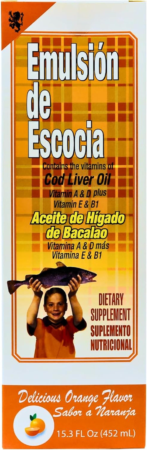 EMULSION DE ESCOCIA Cod Liver Oil, Dietary Supplement, Vitamins A, B1, D and E, Immune System Support, Orange Flavor (15.3 Fl Oz/Pack of 1)...
