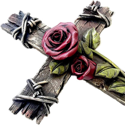 Polly House Rose with Wood Look Resin 10" CROSS Wall Cross for Home Decoration and Great for Gifts...