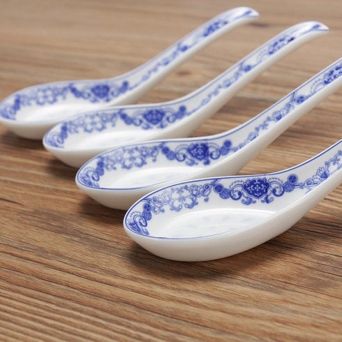 5-inch Porcelain Chinese Knot Blue Floral Soup Spoons Set of 4...