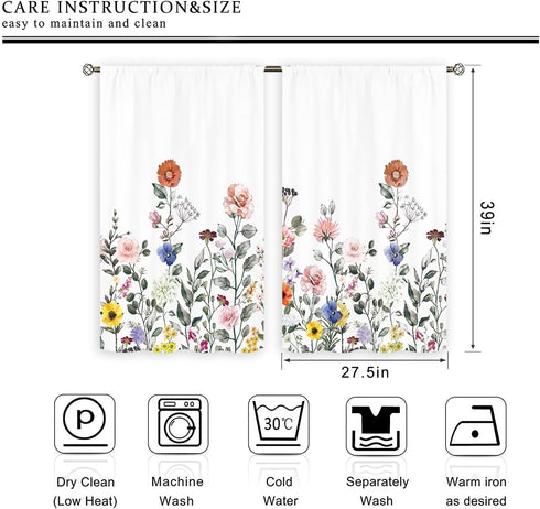 Cinbloo Watercolor Floral Kitchen Curtain Flower Cafe Curtain Rod Pocket 27.5W x 39L Rustic Plants Spring Blossom for Girl Woman Botanical Wildflo...