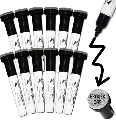 KleenSlate (12) Pack Large Black Dry Erase Markers with Eraser Cap, Round Point...