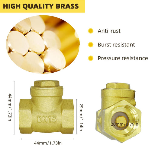 1/2 One Way Check Valve, 1/2" Female Thread Horizontal Swing Brass Check Valve to Prevent Water Backflow, Fuel Oil Water Gas Air Check Valve for S...