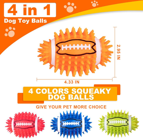 4.3” Dog Squeaky Ball Toys 4 Pack, Interactive and Durable Spiky Dog Toy for Medium Large Dogs with Rugby Shape, Built-in Squeaker for Teeth Clean...