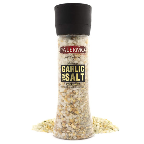 Palermo Garlic Sea Salt Seasoning with Grinder, Kosher, All Natural, No Additives, 9oz...