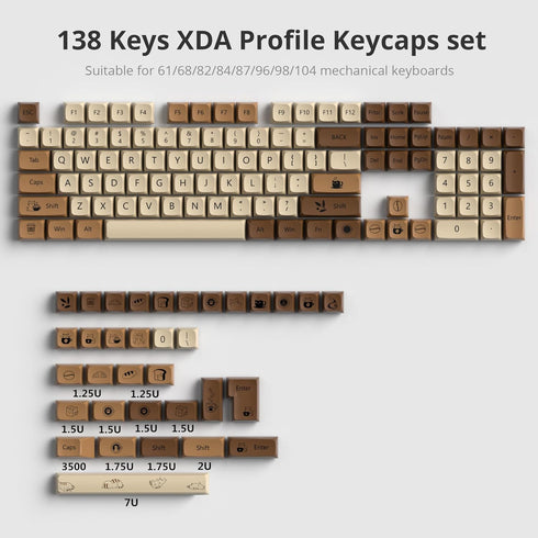 XDA PBT Key Cap, 138 Keys Dye Sublimation Coffee Cat Custome Key Cap Set for Cherry/Gatron MX switches 60 Percent/68/61 Gaming Mechanical Keyboard...