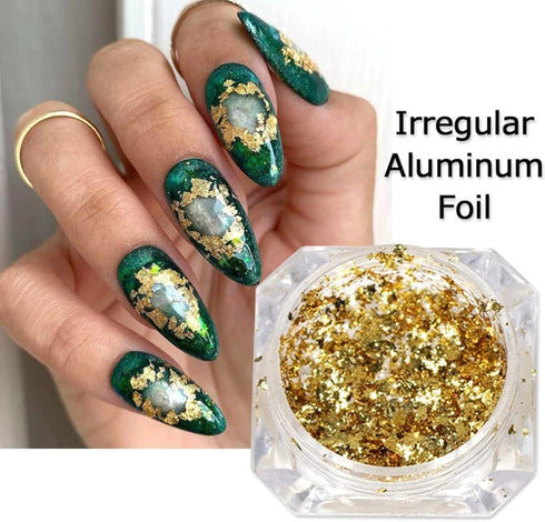 Holographic Nail Foil Glitter Flakes 3D Sparkly Aluminum Foil Flake Gold Silver Nail Glitter Foil Flakes Nail Art Supplies Mirror Powder Sequins N...