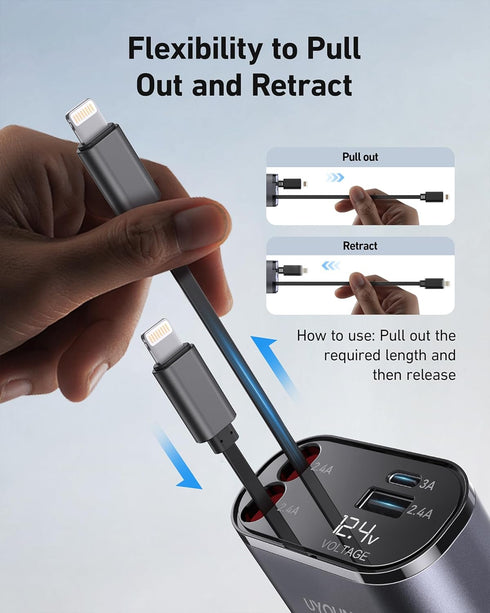 iPhone Car Charger 4 in 1 Fast USB Car Phone Charger 20W Double Lightning Retractable Cables 31.5 Inch and 2 USB Ports Car Charger Adapter for iPh...