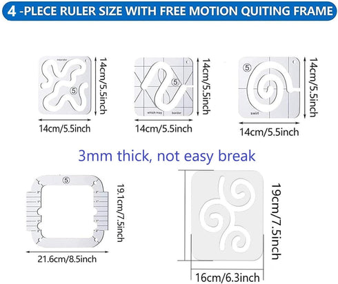 5 pcs Free Motion Quilting Template Rulers 4pcs Quilting Ruler 3mm with Quilting Frame for Domestic Sewing Machine with Low Shank Ruler add 48pcs ...