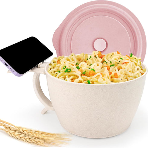 Microwave Ramen Bowl Set, Noodle Bowl With Phone Stand, Large Wheat Straw Soup Mug Bowl with Lid Handle, Dishwasher Safe Ramen Instant Noodles Coo...